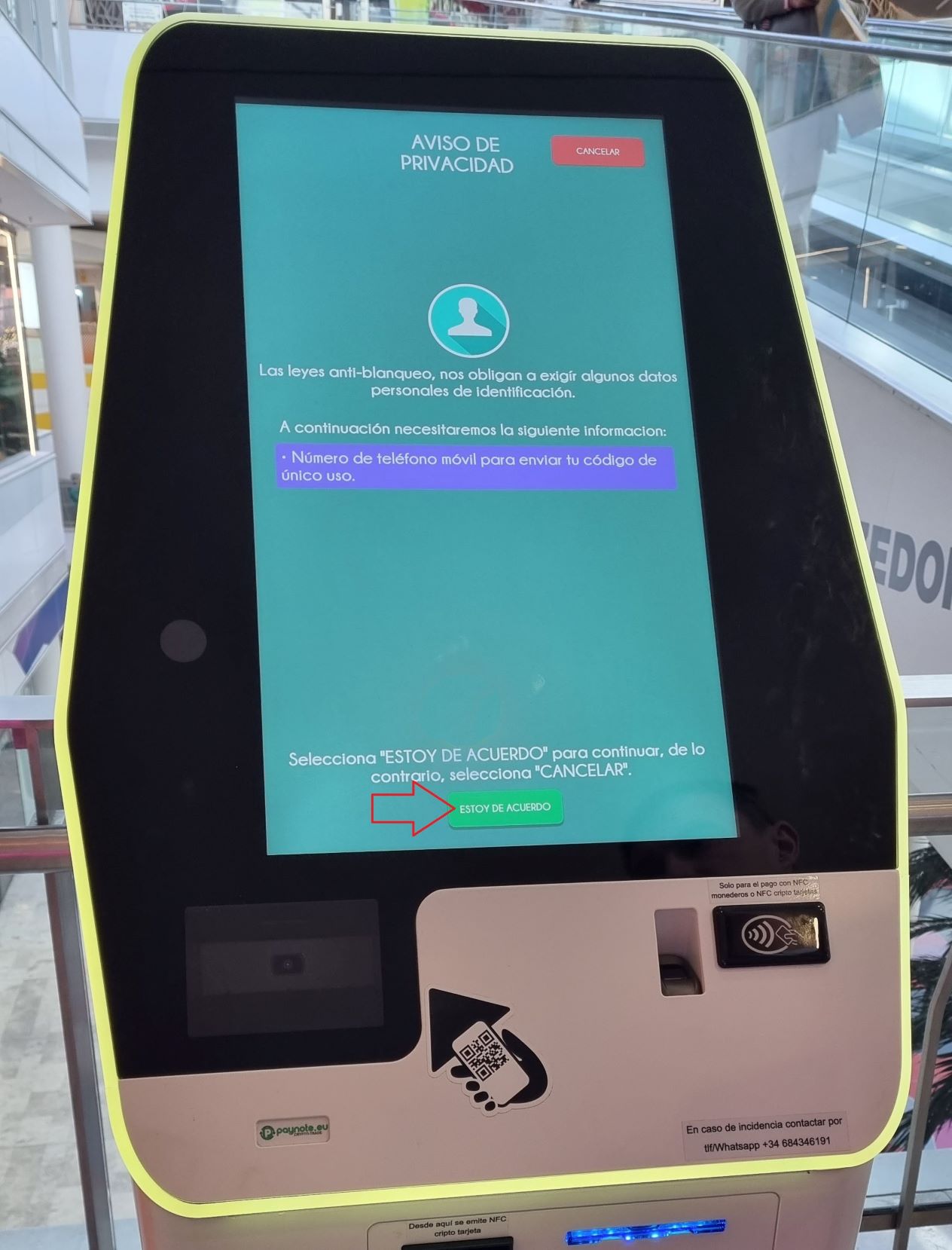 aceptar términos en cajero automático criptográfico