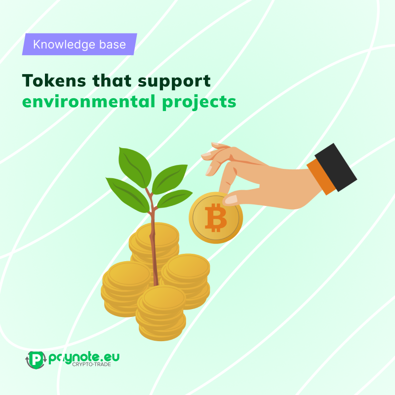 The image illustrates the concept of supporting ecological projects through cryptocurrency investments, reflecting the importance of sustainable development